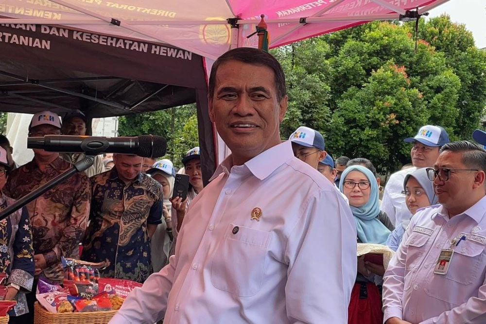 Menteri Pertanian (Mentan) Andi Amran Sulaiman dalam konferensi pers di Kantor Kementan, Jakarta, Selasa (3/3/2026)./Bisnis-Rika Anggraeni