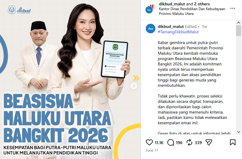 Beasiswa Maluku Utara Bangkit 2026. Foto: Instagram @dikbud_malut