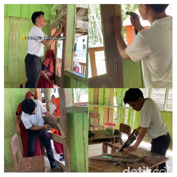 Guru perbaiki pintu kelas di SD Negeri Terpencil di Sulawesi Tengah viral. Aksi ini terpaksa dilakukan karena kambing sering masuk dan mengganggu belajar. Foto: Dok. Muh Najib.