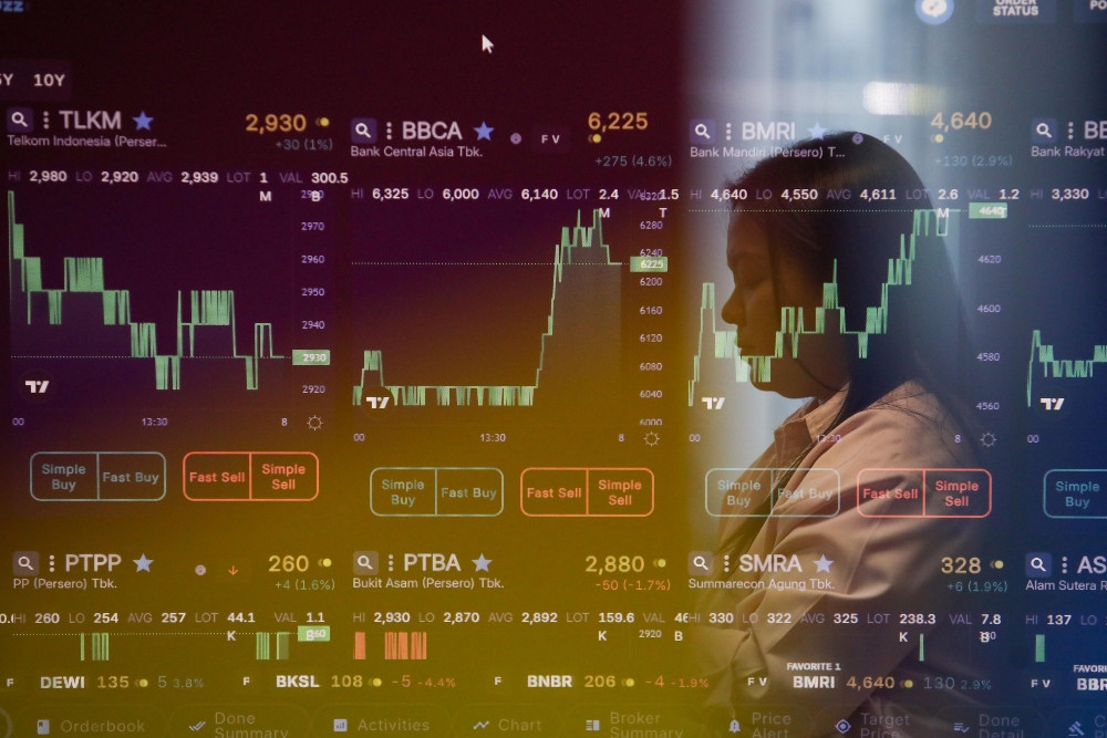 Pegawai mengamati data harga saham menggunakan gawai di salah satu kantor, Jakarta, Kamis (7/5/2026). Bisnis/Himawan L. Nugraha