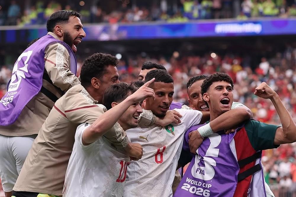 Timnas Moroko merayakan kemenangan usai menaklukkan Kanada 3-0 di babak 16 besar Piala Dunia 2026, Minggu (2/7/2026)./Equipe du Maroc