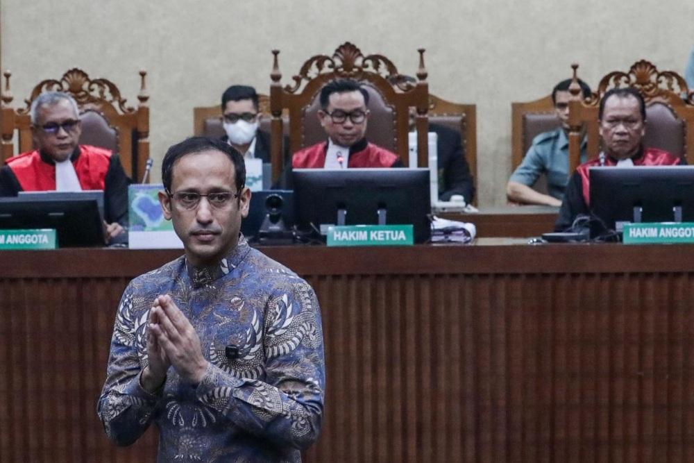 Mantan Menteri Pendidikan Kebudayaan Riset dan Teknologi sekaligus terdakwa kasus korupsi pengadaan Chromebook Nadiem Anwar Makarim mengikuti sidang putusan di Pengadilan Tipikor, Jakarta, Selasa (30/6/2026)./Bisnis-Fanny Kusumawardhani
