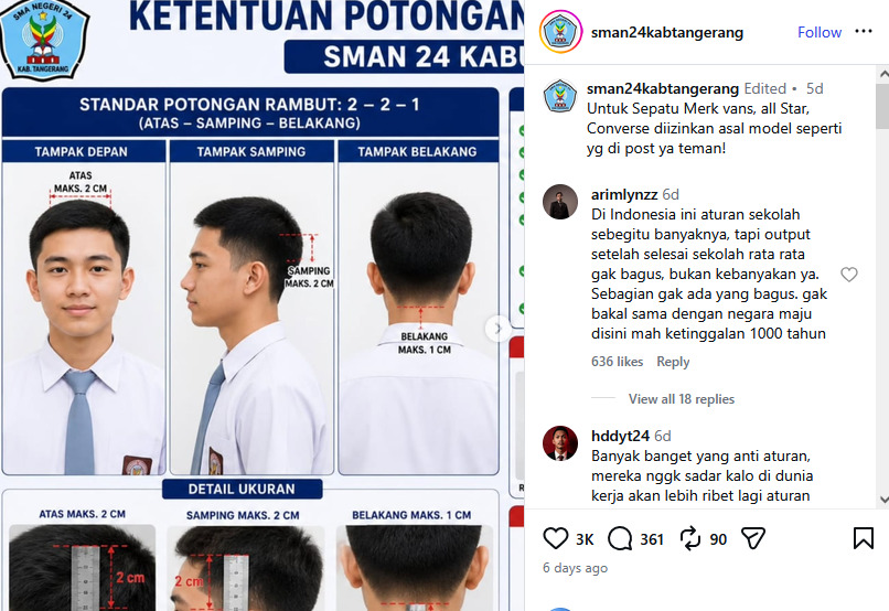 Ketentuan rambut, seragam, dan sepatu SMAN 24 Kab Tangerang. Foto: Instagram @sman24kabtangerang
