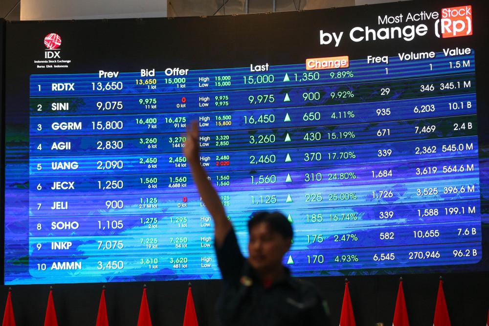 Pegawai melintas di dekat papan informasi data saham di kantor BEI, Jakarta, Selasa (7/7/2026). Indeks Harga Saham Gabungan (IHSG) ditutup menguat 1,19% atau naik 70,43 poin ke level 5.986,50 pada akhir perdagangan./Bisnis-Himawan L. Nugraha